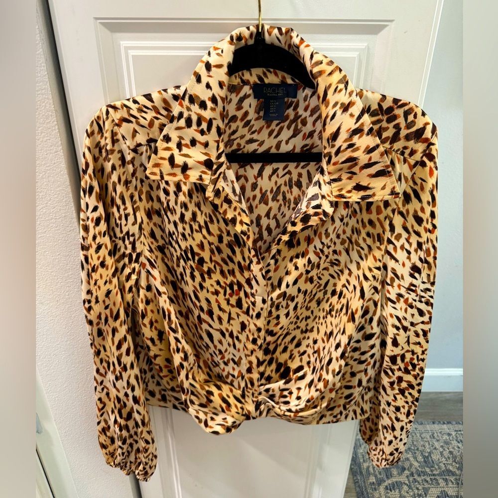Rachel Roy Cheetah Animal Print black brown beige long sleeve blouse Large